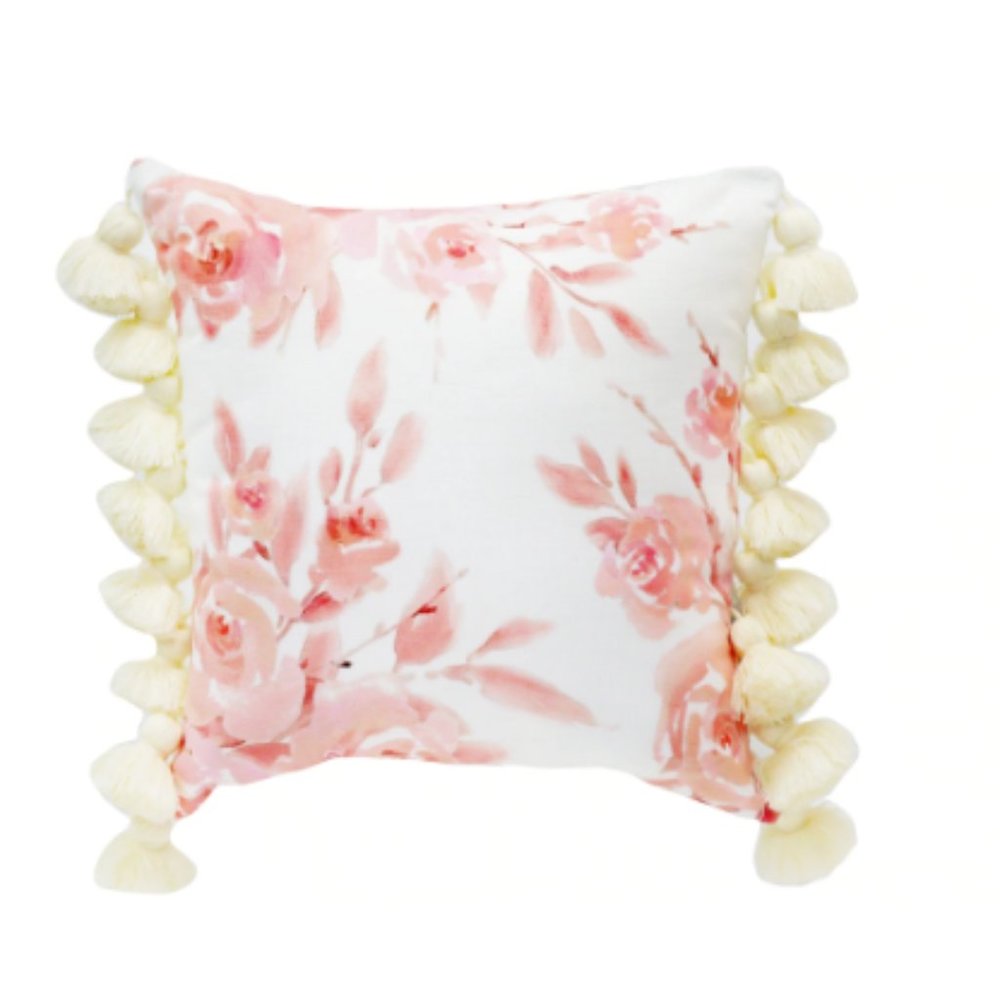 Pink & White 16" x 16" Floral Pillow with Tassels